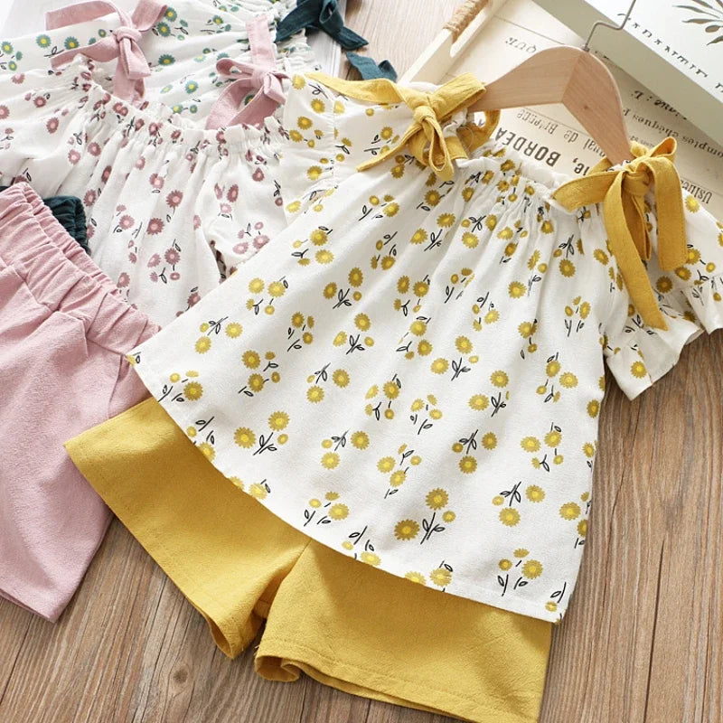 Casual Girls Clothing Sets Summer Kids Clothing Sets Sleeveless Floral T-shirt Shorts Pants 2Pcs Suit Bow Children Girl Suit