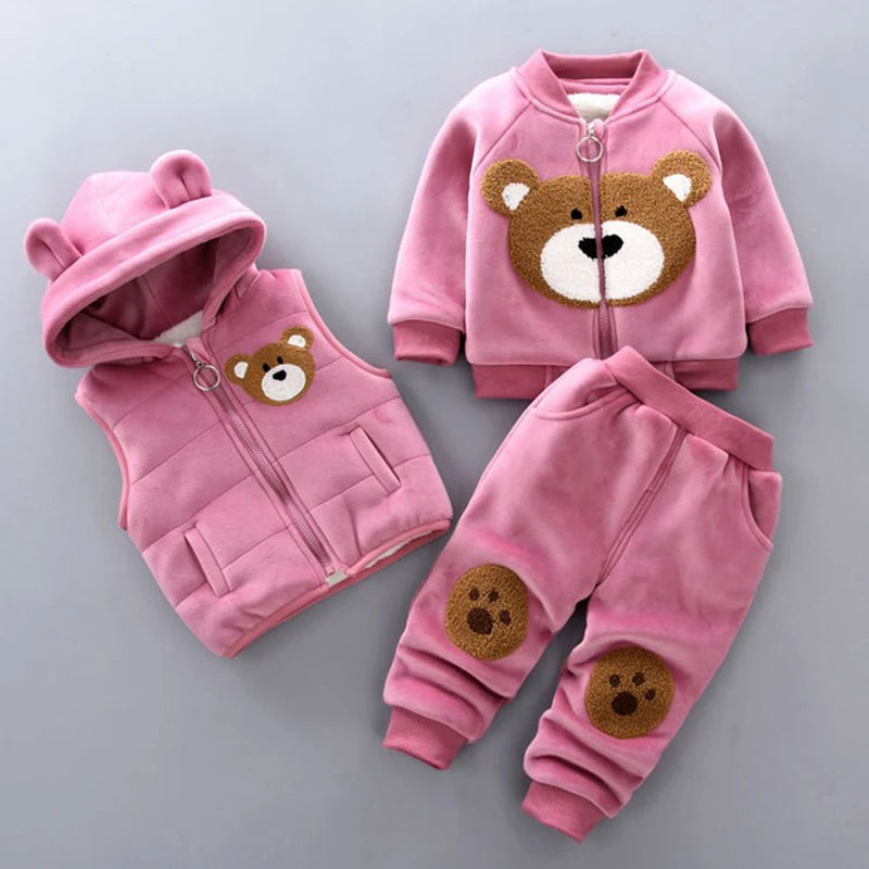 Winter Warm Velvet Plush Hooded Vest+Sweater+Pants 3Pcs Suit Cartoon Bear Kids Toddler Set Boys Girls Autumn Casual Clothes New