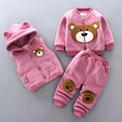 Winter Warm Velvet Plush Hooded Vest+Sweater+Pants 3Pcs Suit Cartoon Bear Kids Toddler Set Boys Girls Autumn Casual Clothes New