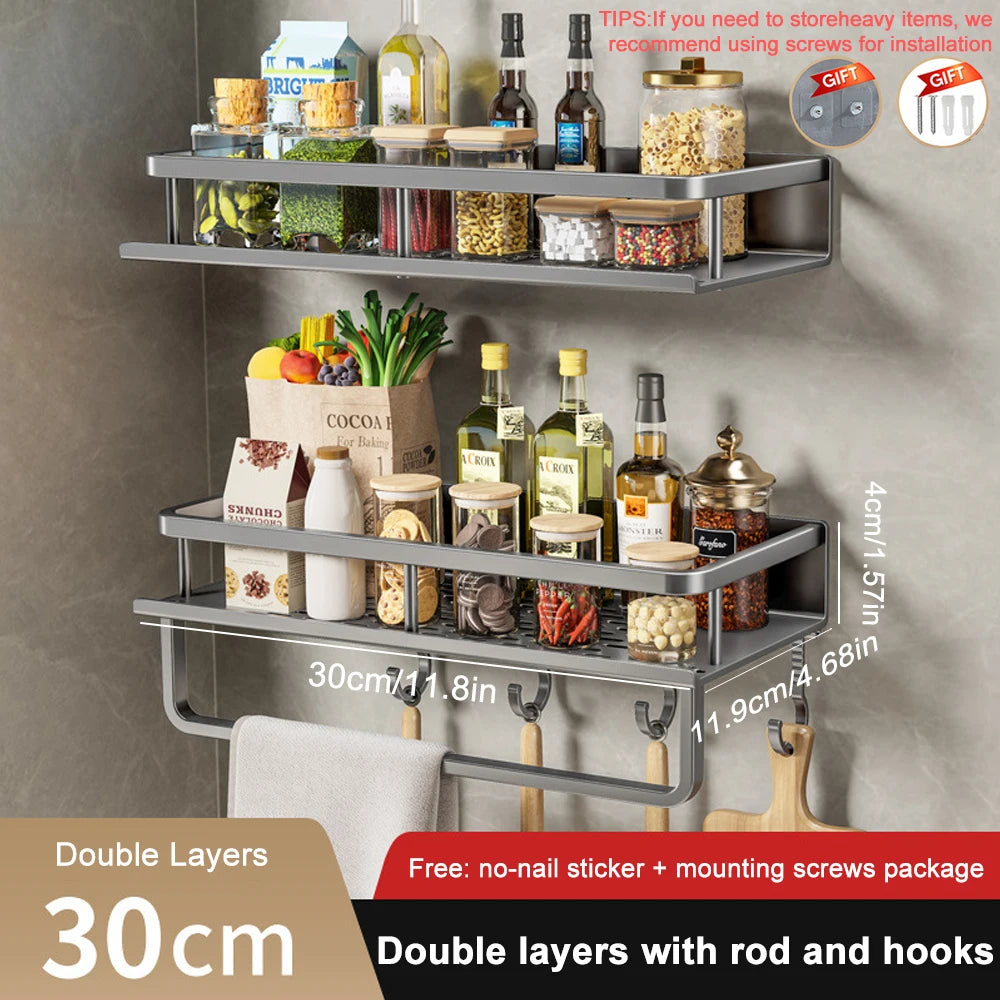 1/2PCS Wall Mounted Spice Rack No Drilling Kitchen Spice Organizer with Hook Spice Storage Rack Bathroom Kitchen Storage Shelf