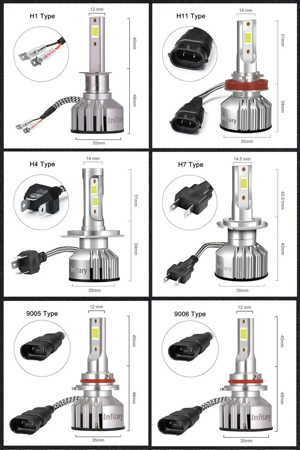 Infitary H7 H4 LED Car Headlights H11 H1 9005 9006 Lamp for Auto 6500K Super Bright Bulbs Automobile Accessories Kits Moto Light