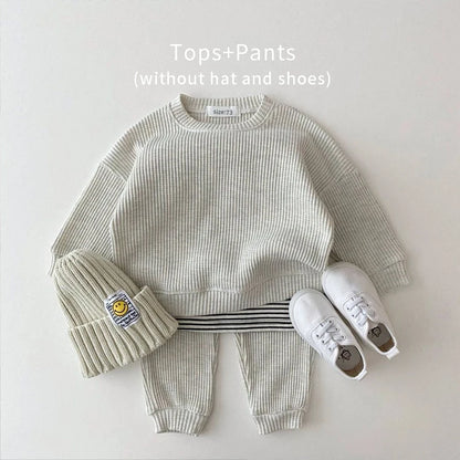 2023 Korea Toddler Baby Clothing Sets For Infant Baby Boys Clothes Set Mock Two-piece Waffle Cotton Sweatshirt+Pants 2pcs Outfit