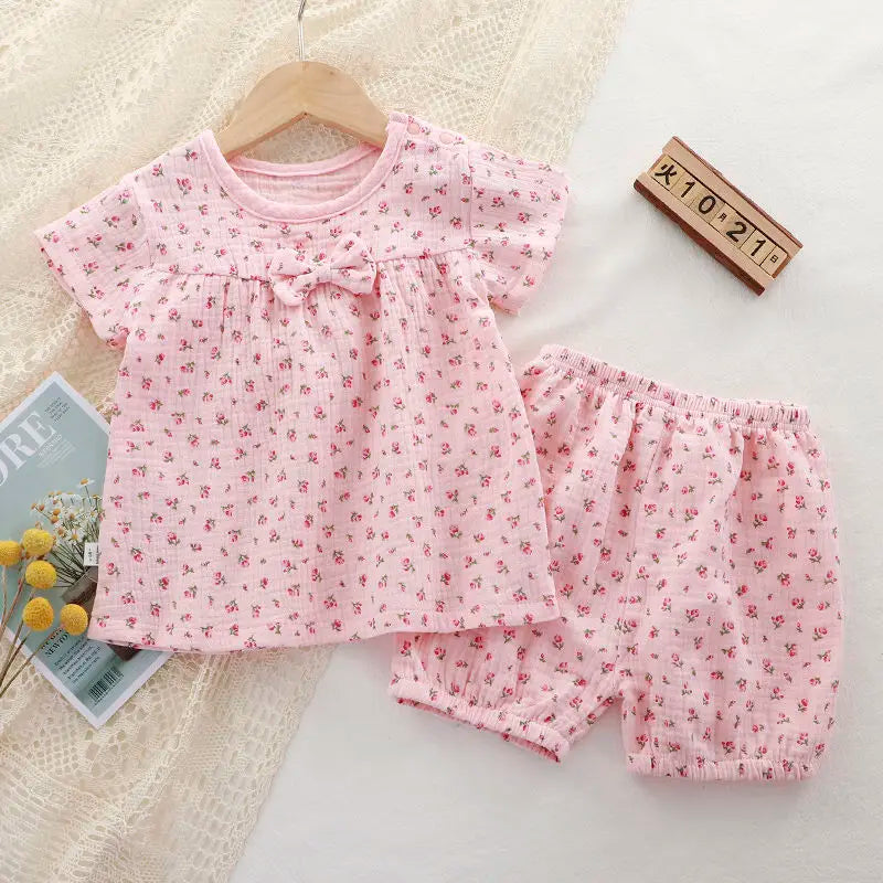 Girls Summer Suits Clothes Baby Short Sleeves Muslin Cotton Floral Shirt Top Shorts Outfits Children Dress +Pants Sets 2pcs 0-5T