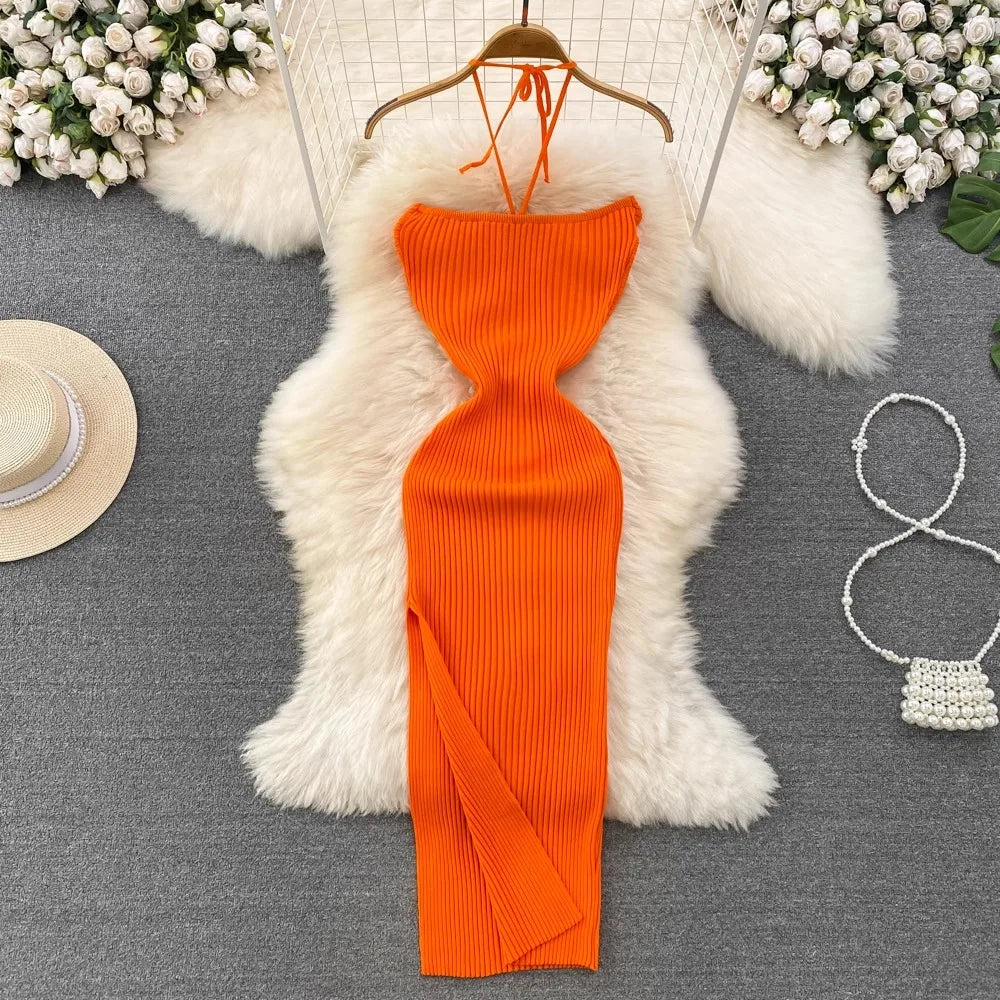 YuooMuoo Women Dress 2024 New Summer Fashion Sexy Package Hips High Split Knitted Bodycon Party Dress Vacation Beach Vestidos