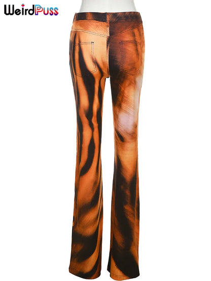 Weird Puss Tiger Print Flare Pants Women 2023 Y2K Summer Trend Skinny Elastic Wild Casual Streetwear Basic High Waist Trousers