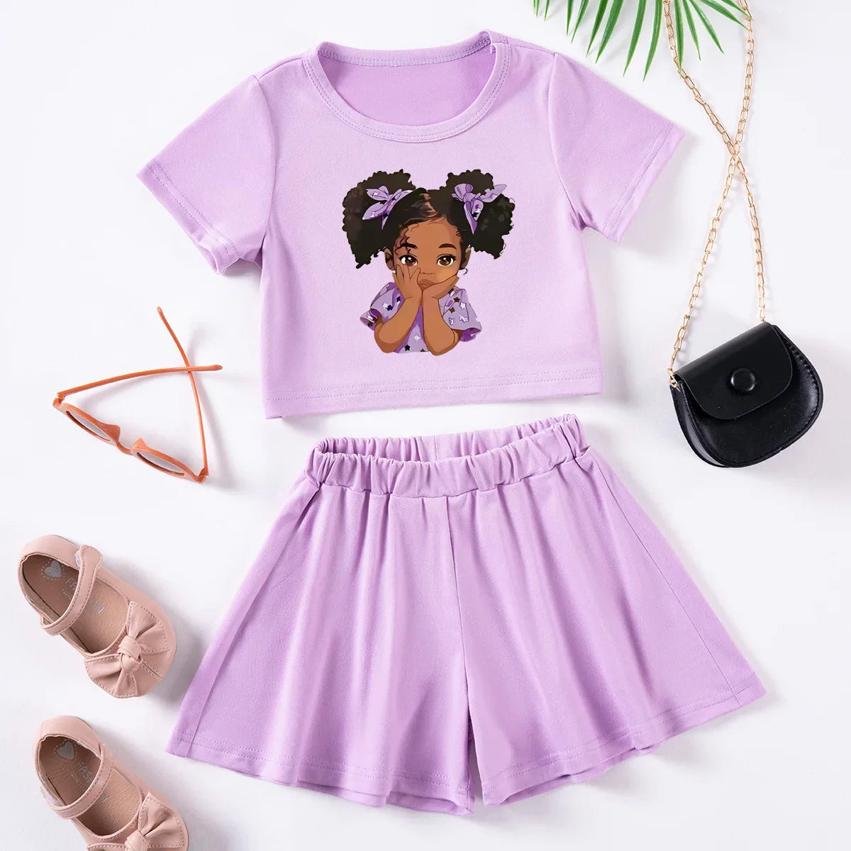 Summer Girls Cartoon Printed Set Toddler Girls Cute Printed Short Sleeve Shorts Two Piece Comfortable Fashion Set