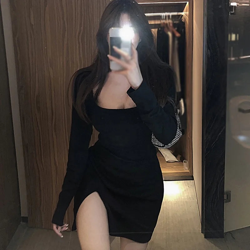 Women's Square Neck Long Sleeve Dress Cotton Waist Slim Split Hip Dress Fashion Short Bottom Dresses