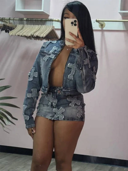 2 Piece Denim Sets Womens Outfits Spring Long Sleeve Zipper Jacket and Mini Skirt Set Sweet Sexy Outfits Wholesale Dropshipping