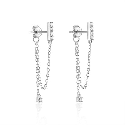 CANNER 925 Sterling Silver Double Studs Three Clear Zircon Chain Tassel Earrings For Women Ins Ear Piercing Party Fine Jewelry