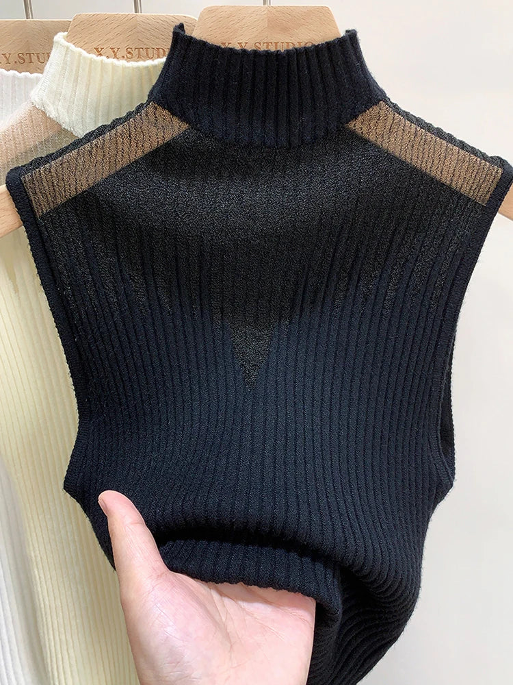 Mesh Knitted Top Women Y2K Tank Top Half Neck Vest Female Sleeveless Sweater Chic Cut Out Streetwear Solid Skinny White Tube Top