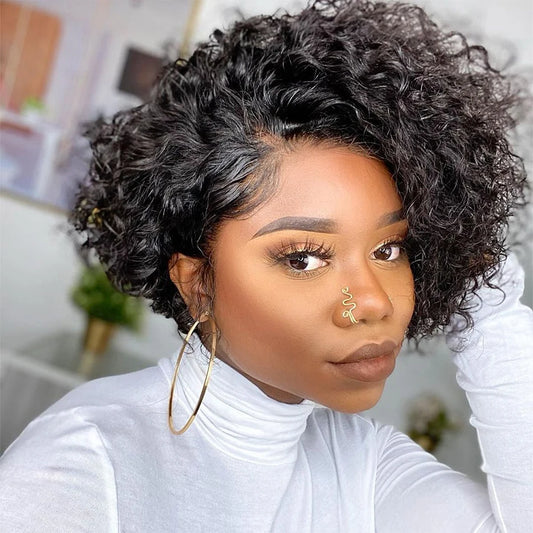 Pixie Cut Wig Curly Human Hair Wigs Short Bob Perruque Bresillienne Cheap 13X1 Transparent Lace Wig Water Deep Wave Human Hair