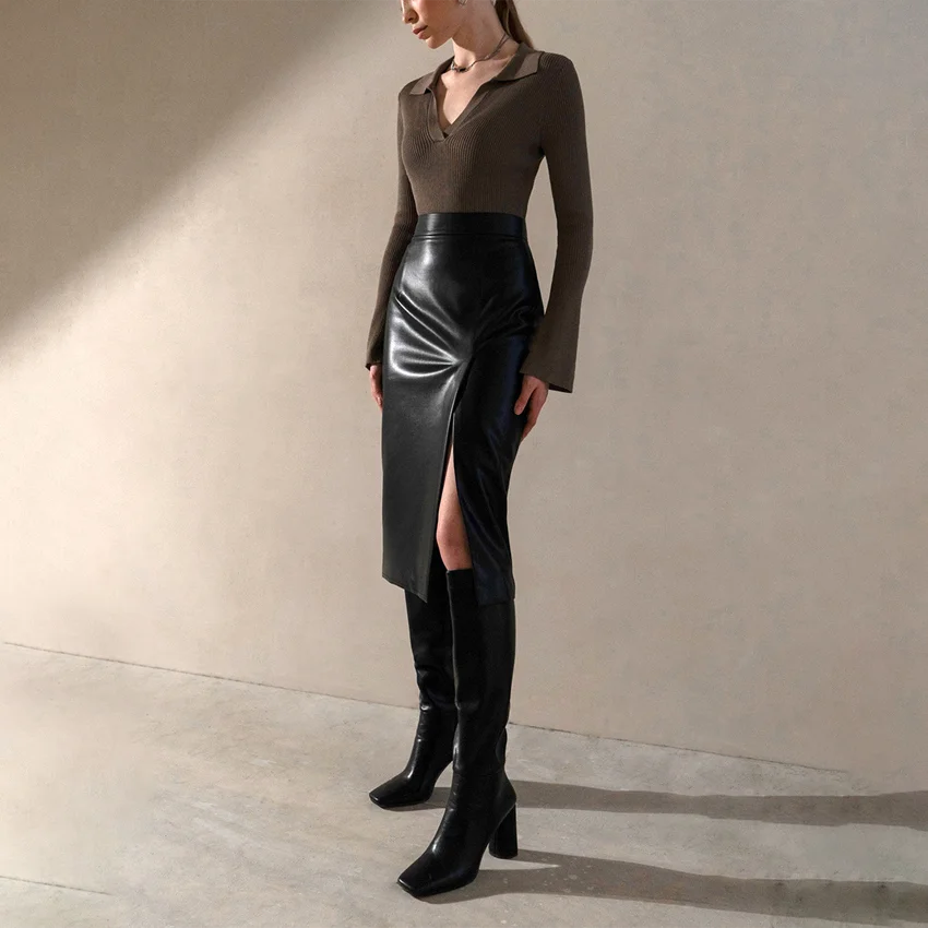 Slit PU Leather Mid-length Skirt Women's Autumn and Winter Sexy Black High Waist Ladies Office Pencil A-line Skirt