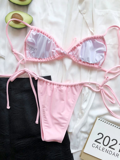 Pink Bathing Suit Women Sexy Bikini Suit Pleated Lace Up Swimwear Two-pieces Bow Tie Summer Thong Split Beach Wear Bathing