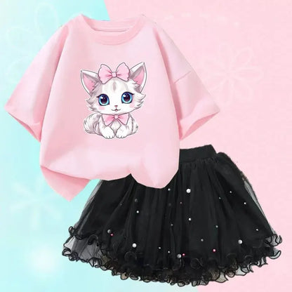 Cute Summer Girls Outfits Cartoon Cat T-shirt and Tutu Skirt 2pc/Set Girl Princess Clothes Suit Children Birthday Clothing