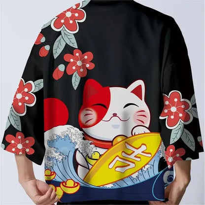 Japanese Cat Print Haori Kimonos Yukata Samurai Men Women Kimono Traditional Asian Clothes Harajuku Cardigan Shirt