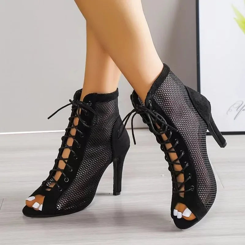 Summer New Pupms Women High Top Dance Shoes Ballroom Salsa Tango Sandals Girl Fashion Party Mesh Cutout High Heel Sandalias