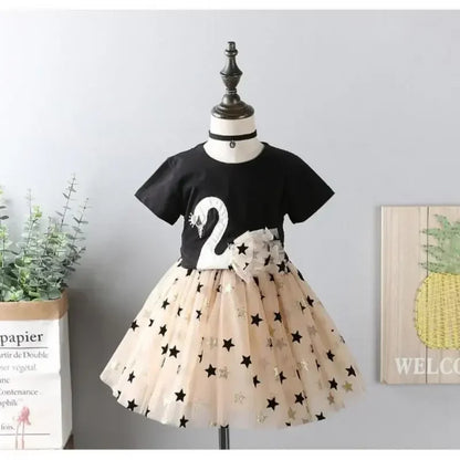 Kid Girl Clothes Cartoon Swan Lace T-shirt+Star Tulle Skirt 2Pcs Set Baby Outfit Casual Girls' Suit Fashion Two-Piece