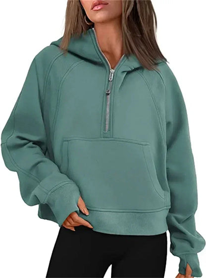 Autumn/winter Womens Sport Half Zip Hoodie Sweatshirt Loose Cropped Fleece Hoodies Women