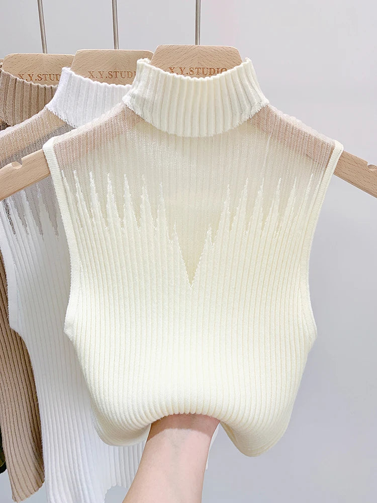 Mesh Knitted Top Women Y2K Tank Top Half Neck Vest Female Sleeveless Sweater Chic Cut Out Streetwear Solid Skinny White Tube Top