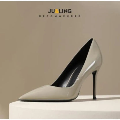 Pointed-toe High Heels Women's New Gray Temperament with Skirt Stiletto Heel Professional Commuting Patent Leather Pumps