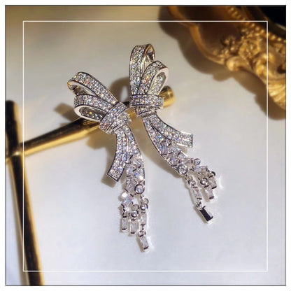 Super Flash Zircon Bow Tassel Pendant Long Earrings Female Temperament All-Match Silver Needle Crystal Earrings Jewelry Gift