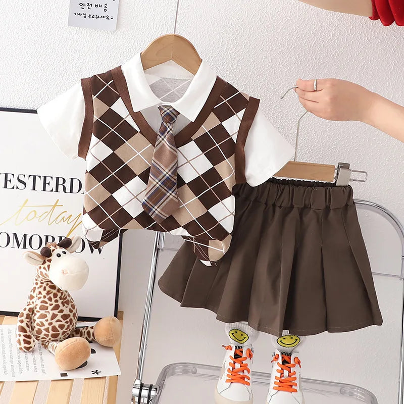 New Baby Girls Boys Clothing Toddler Summer Fashion School Children Plaid Clothes Suit T Shirt Overalls Pants 2Pcs/Set