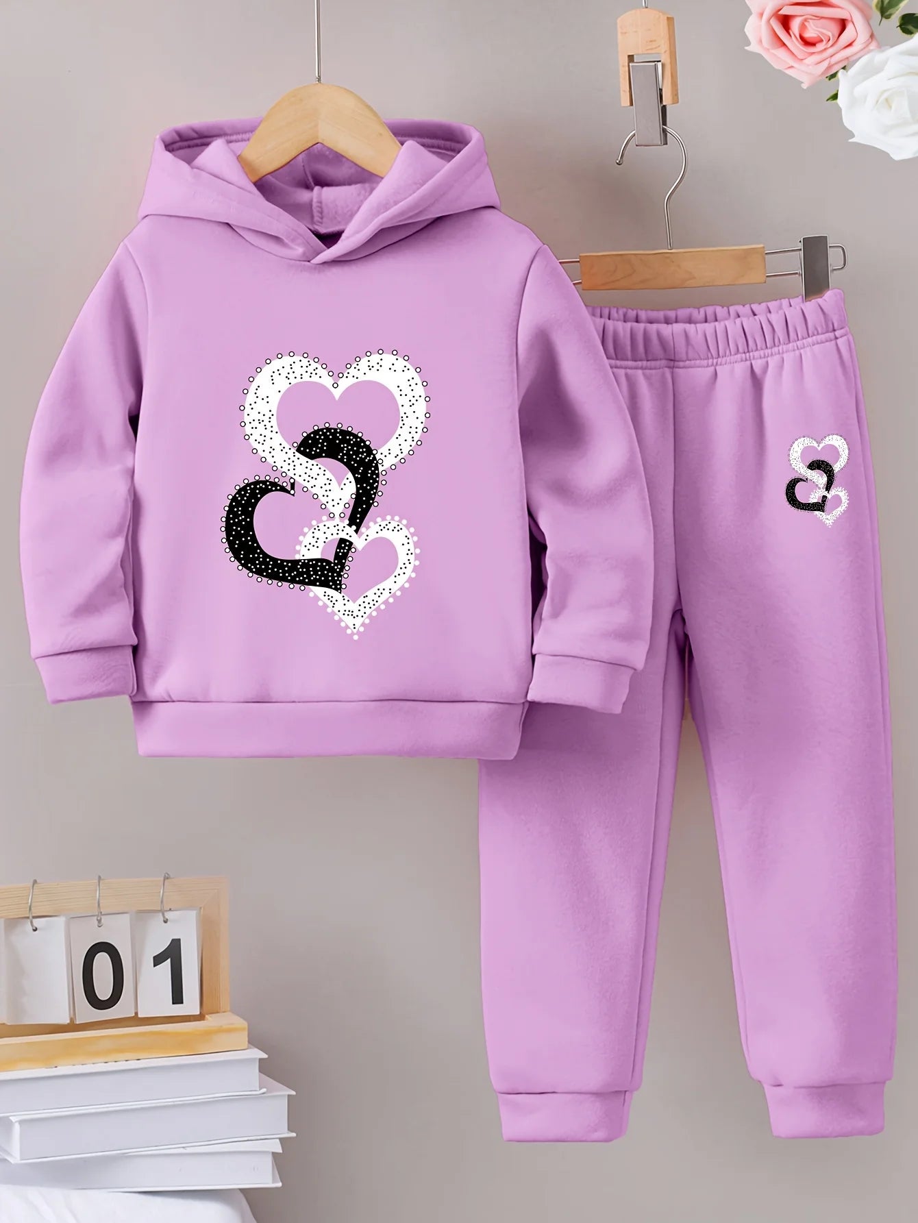 2set Girls Autumn and winter cute sweet casual fashion love pattern printed warm plus fleece hoodie and tracksuit pants