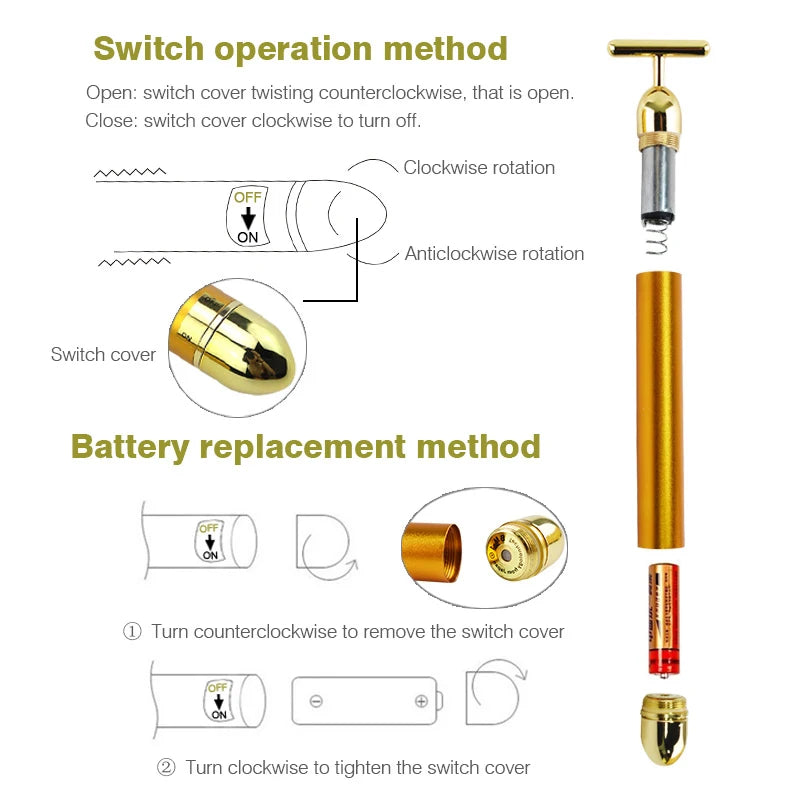 24K Gold Facial Slimming Massager T Shaped Vibrating Roller Skin Beauty Pulse Firming Face Massage Lift Tightening Wrinkle Bar