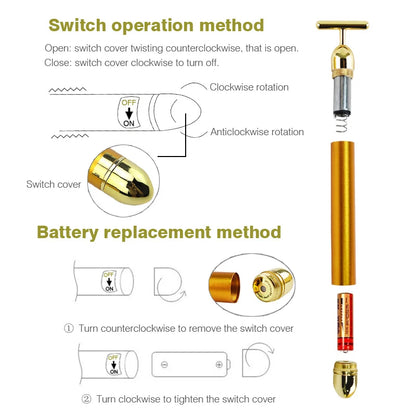 24K Gold Facial Slimming Massager T Shaped Vibrating Roller Skin Beauty Pulse Firming Face Massage Lift Tightening Wrinkle Bar