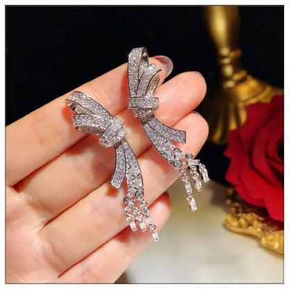 Super Flash Zircon Bow Tassel Pendant Long Earrings Female Temperament All-Match Silver Needle Crystal Earrings Jewelry Gift