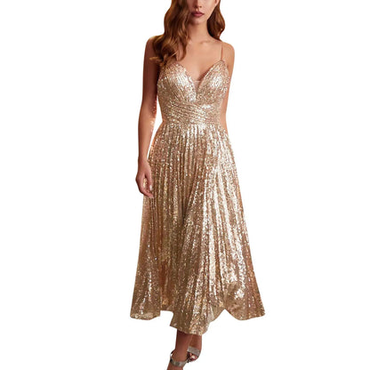 Luxury Sequin Long Dress For Wedding Guest Women's Spaghetti Strap High Waist Evening Party Dress A-Line Deep V-Neck Vestidos