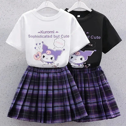 Sanrio Kuromi Kawaii Girls College Style T-shirt Skirt Suit Summer Clothes New Girl Suit Children's Clothes Style Pleated Skirt