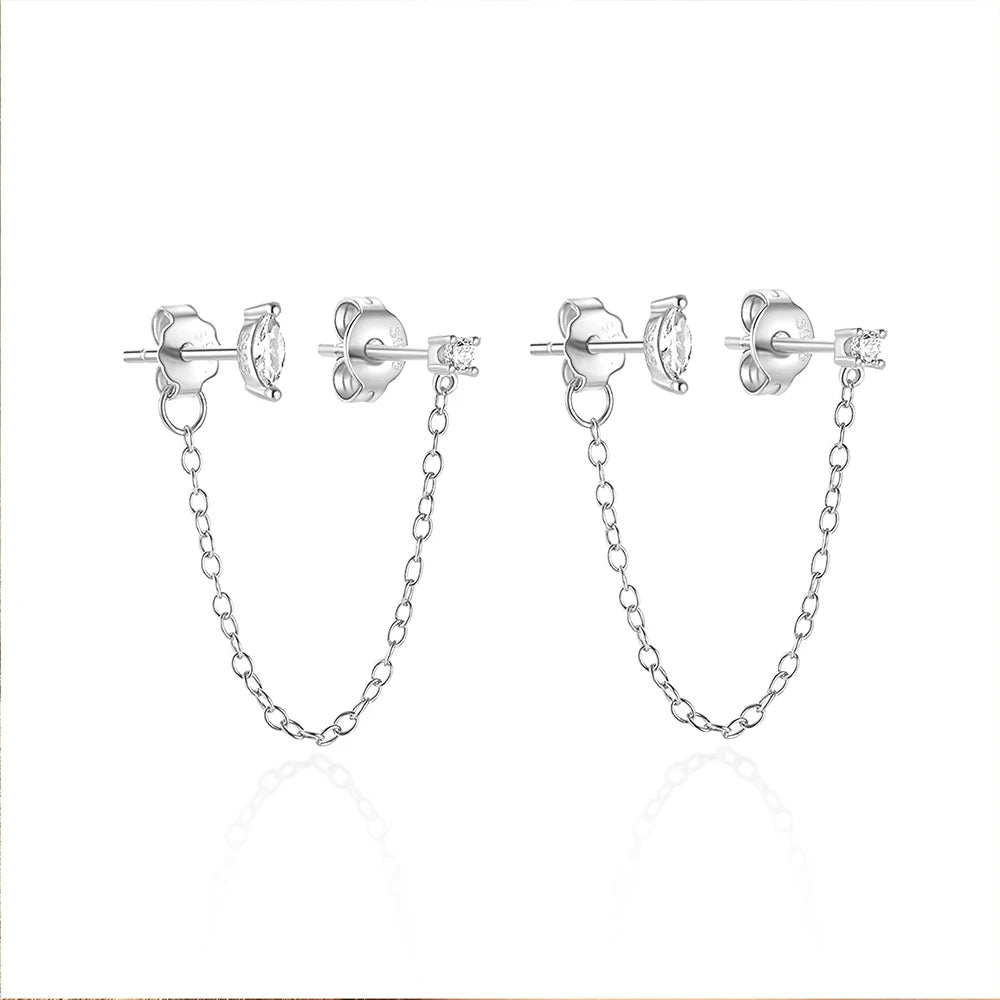 CANNER 925 Sterling Silver Double Studs Three Clear Zircon Chain Tassel Earrings For Women Ins Ear Piercing Party Fine Jewelry