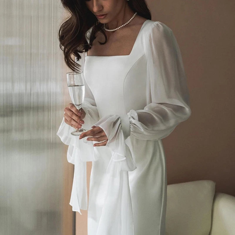 White Office Women Dress Fashion Slim Square Collar Long Sleeve Ankle Length Dresses Spring Female Clothing Dress