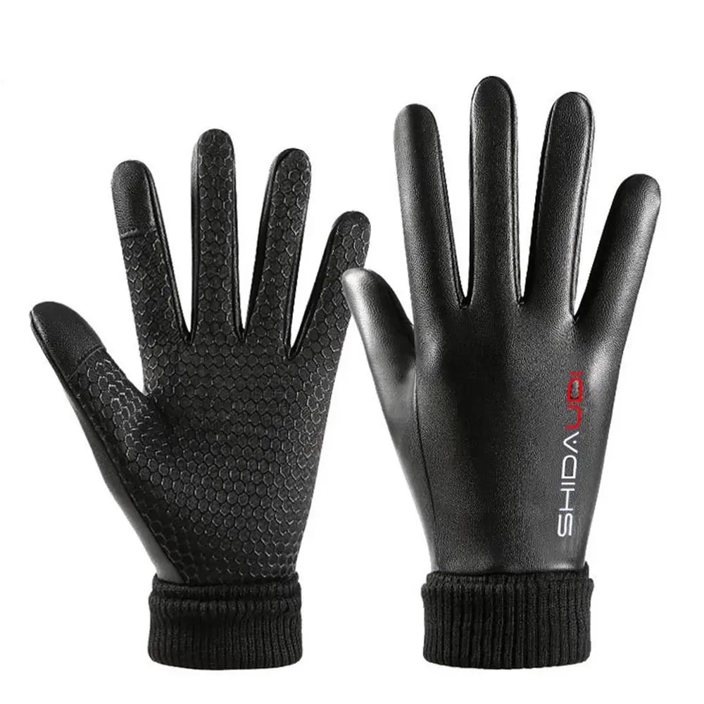 Men Leather Gloves Warm Thermal Fleece Leather Gloves Windproof Ski Snow Snowboard Touch Thick Plush Gloves Riding Gloves