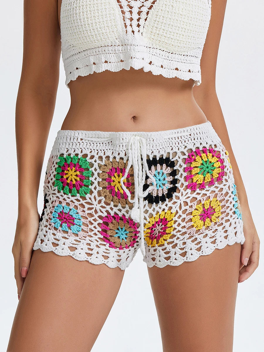 wsevypo Hollow Out Knit Crochet Shorts Women's Boho Summer Low Rise Drawstring Geometrical Floral Shorts Beach Cover-ups Bottoms