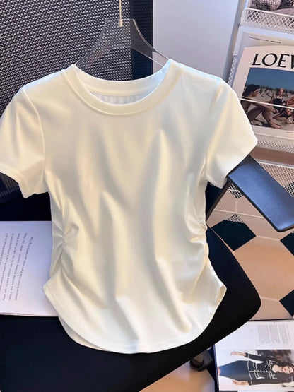 Cotton Short-sleeved T-shirt Female Summer New Round Neck Commuter Pleated Waist Thin Korean Version of The Top S-3XL