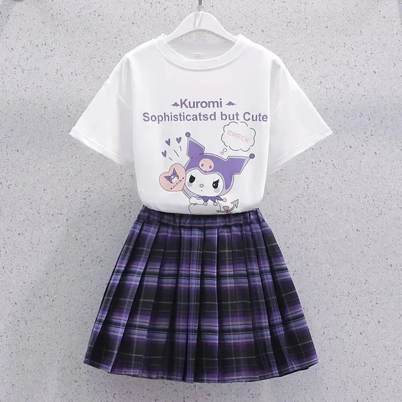 Sanrio Kuromi Kawaii Girls College Style T-shirt Skirt Suit Summer Clothes New Girl Suit Children's Clothes Style Pleated Skirt