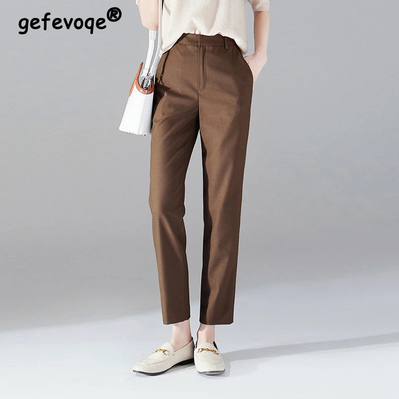 Autumn Winter High Waist Elegant Fashion All-match Solid Color Pants Female Ankle Length Slim Casual Trousers Women's Clothing