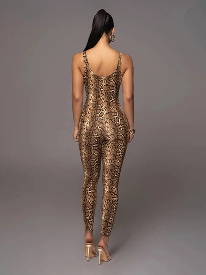 Gymdolphin Women's Sexy Leopard Print Skinny Nightclub Jumpsuit Spaghetti-Neck Yoga Clothes Fitness Coverall Female Club Outfits