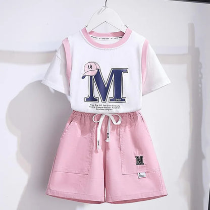 Summer Teenage Girls Clothes Set Children Letter Printed Tshirts and Shorts 2pcs Suit Kid Fashion Top Bottom Outfits Tracksuits