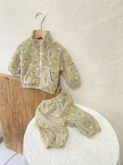 High Collar Floral Shirts Set For Baby Boy And Girl Thick Cotton Tops And Pants Monochrome Plus Velvet Warm For Kids Autumn