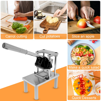 Manual Fries Machine Commercial Vegetable Fruit Chopper Dicer with 2 Replacement Blades Stainless Steel French Fry Cutter