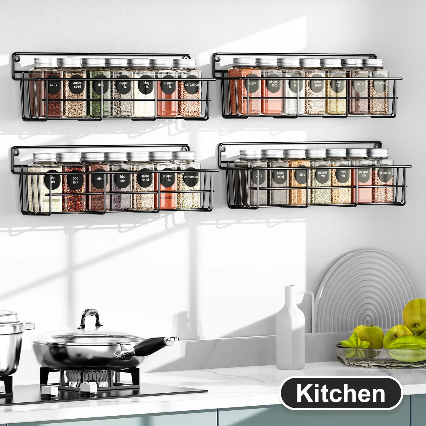 4pcs Kitchen Spice Organizers Storage Wall Mount Hanging Pantry Shelf Multilayer Seasoning Rack for Cabinet Black Metal Basket