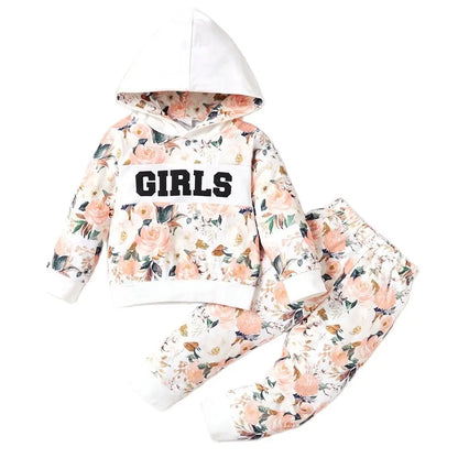 1-5 Years Kids Girl 2PCS Clothes Set Flower Print Hoodie Long Sleeve Top+Pant Autumn& Winter Warm Outfit for Girl Daily Wear