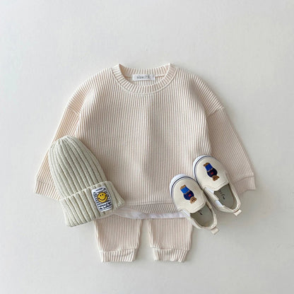 2023 Korea Toddler Baby Clothing Sets For Infant Baby Boys Clothes Set Mock Two-piece Waffle Cotton Sweatshirt+Pants 2pcs Outfit