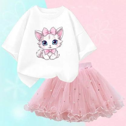 Cute Summer Girls Outfits Cartoon Cat T-shirt and Tutu Skirt 2pc/Set Girl Princess Clothes Suit Children Birthday Clothing