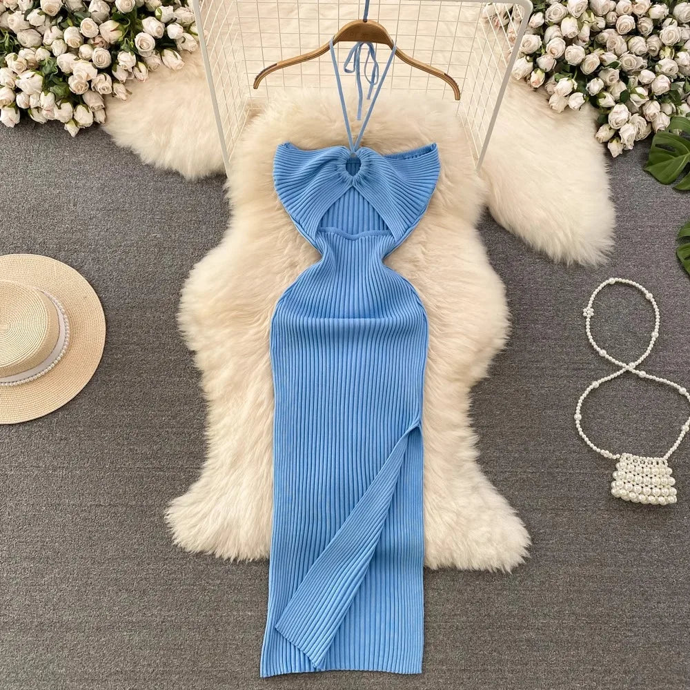 YuooMuoo Women Dress 2024 New Summer Fashion Sexy Package Hips High Split Knitted Bodycon Party Dress Vacation Beach Vestidos