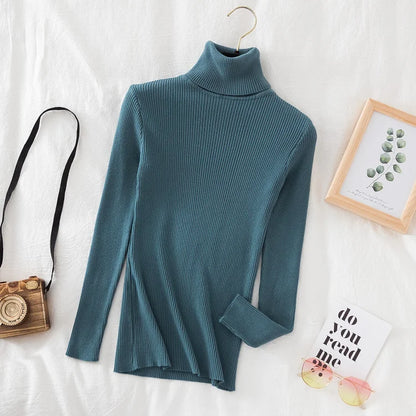 Autumn Winter Turtleneck Women Pullover Sweater Basic Solid Slim Fit Stretch Soft Ribbed Knitted Top Casual Woman Sweaters