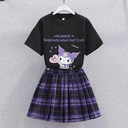 Sanrio Kuromi Kawaii Girls College Style T-shirt Skirt Suit Summer Clothes New Girl Suit Children's Clothes Style Pleated Skirt